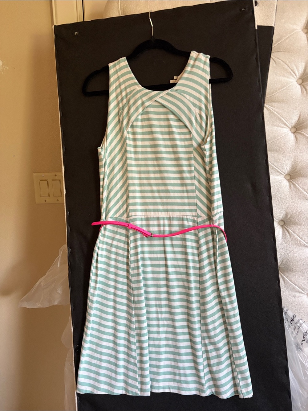 Girls' Mint & White Striped Sleeveless Dress with Pink Belt